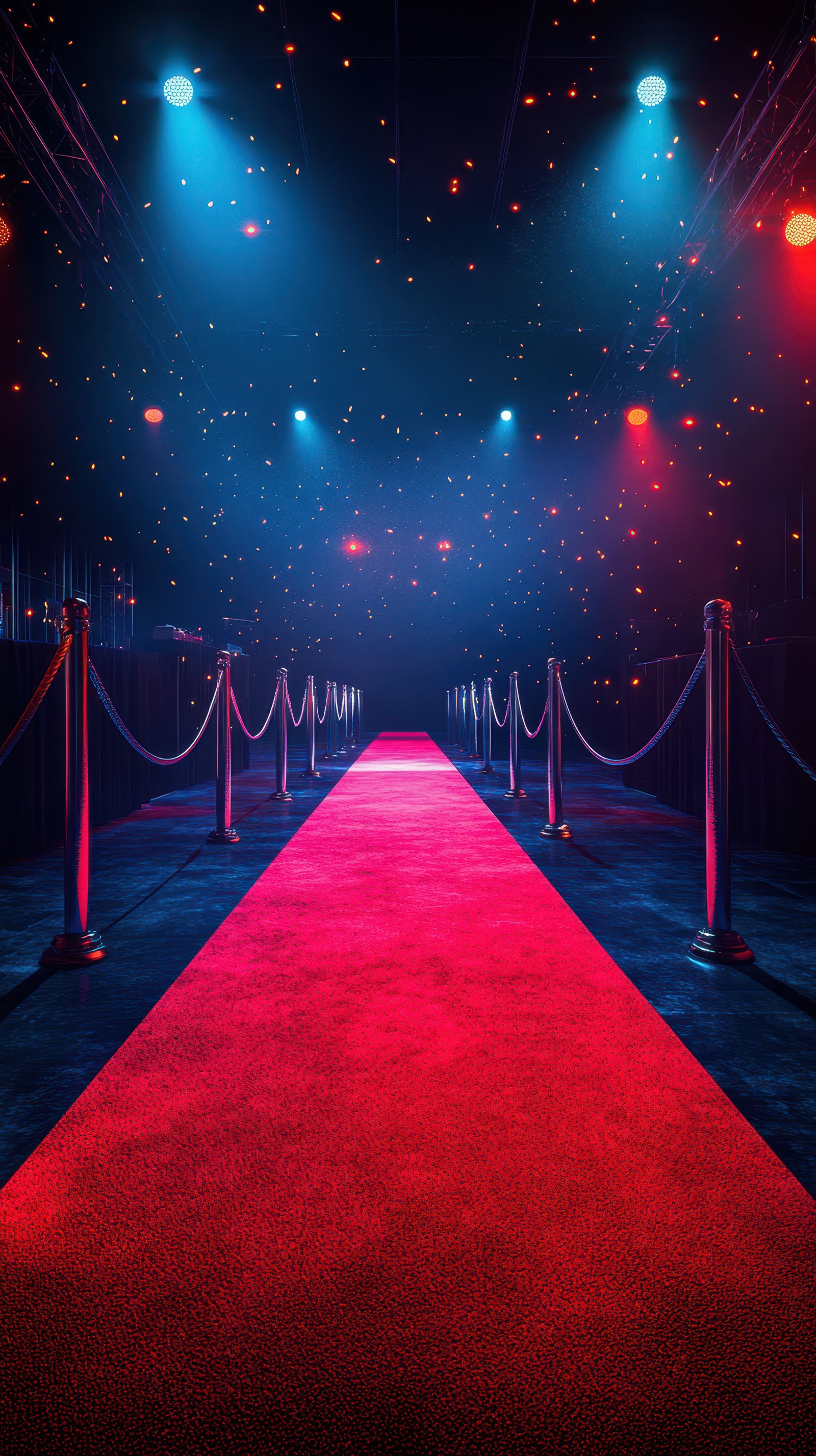 Elegant red carpet leading to a glamorous event venue under vibrant lights and sparkling stars